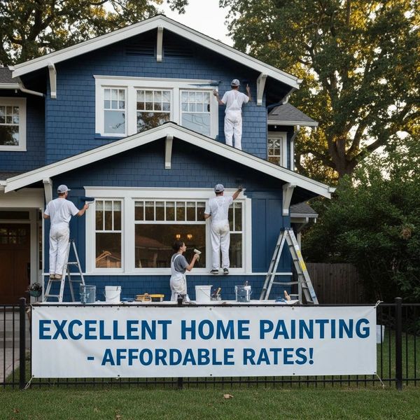 Painters working on a blue house with a banner advertising affordable home painting.