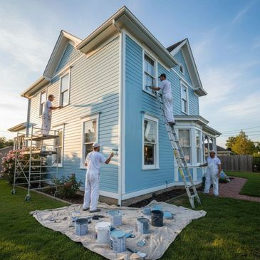 Painters working on a blue house exterior on a sunny day.