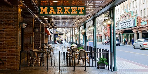 Market with a view of the Majestic Theater in San Antonio, Texas