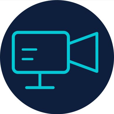 Blue video camera icon on a dark circular background.