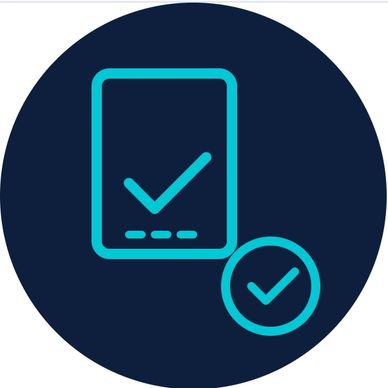 Blue checkmark on a device icon inside a dark circle.
