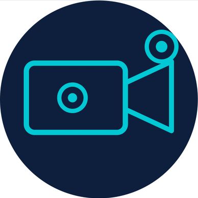 Minimalist video camera icon in blue on dark background.