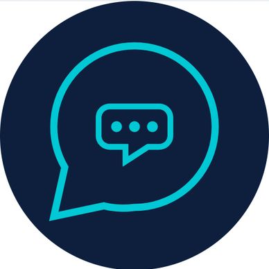 Blue chat bubble icon on dark background.