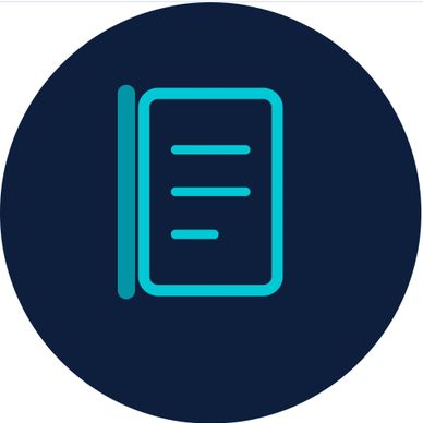Icon of a document or notebook on a dark blue circular background.