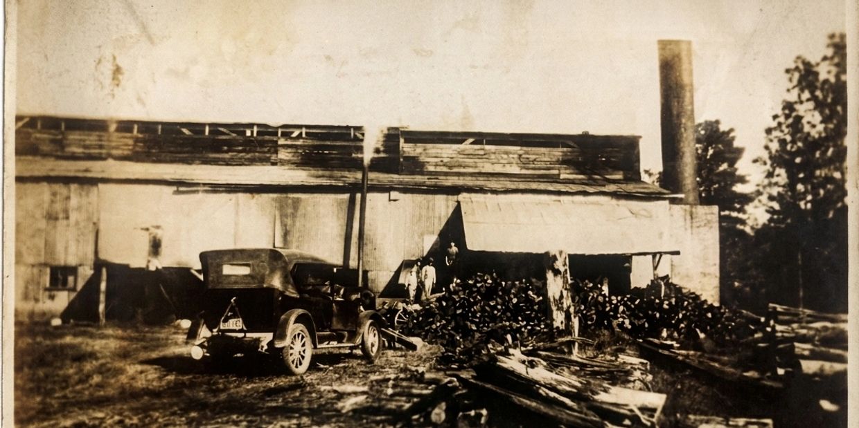 Vintage photo of an old factory with a car and workers near wood piles.