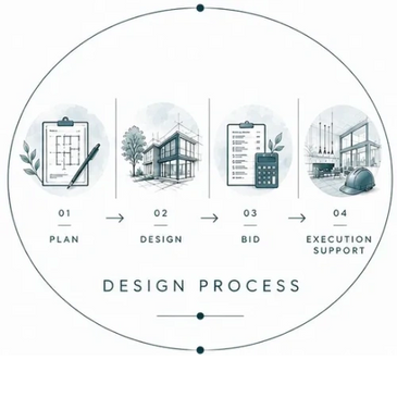 Illustration of a four-step architectural design process from planning to execution support.