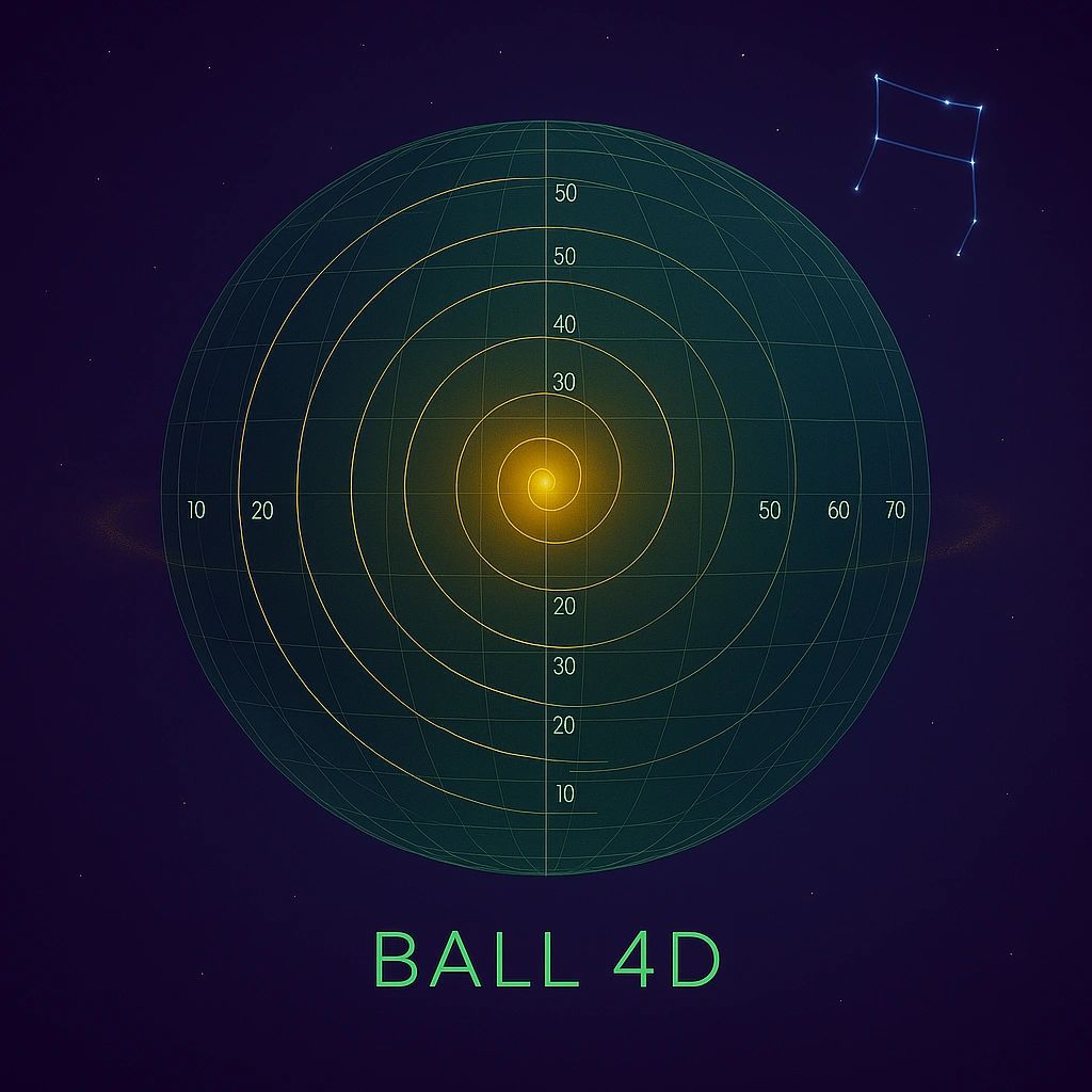 A glowing 4D ball with grid lines and numerical markings against a dark starry background.