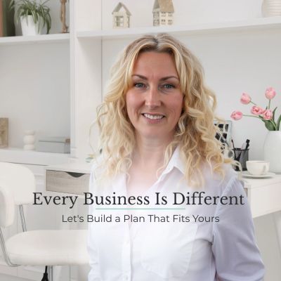 Woman in white shirt with business message text.