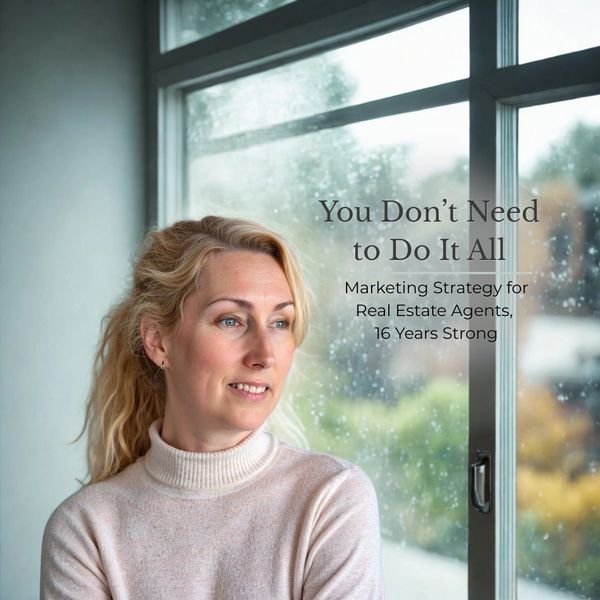 Woman looking out rainy window with marketing message.