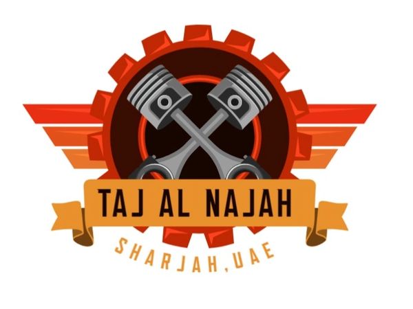 Logo featuring crossed pistons and gears with 'Taj Al Najah' and 'Sharjah, UAE' text.