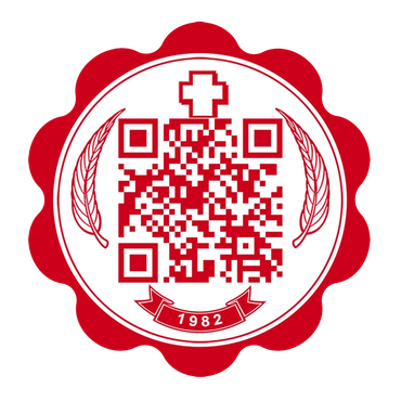 Red and white QR code emblem with a cross, wheat symbols, and '1982' banner.