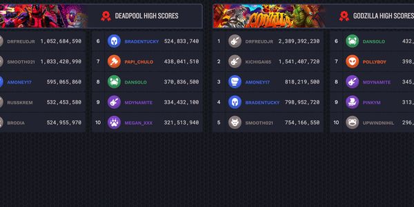 High score leaderboards for Deadpool and Godzilla games with player names and points.