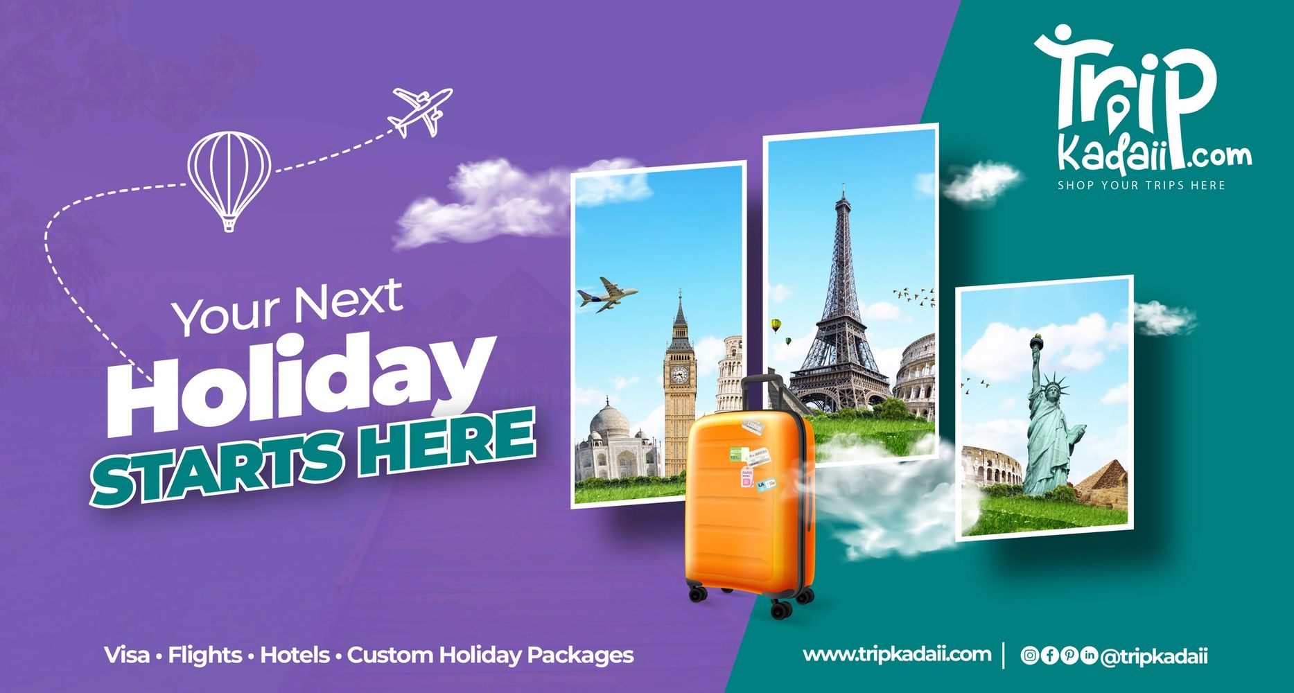 Travel agency ad promoting holidays with famous landmarks and travel essentials.