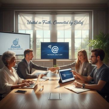 Business meeting focused on digital faith initiatives with collaboration and technology.