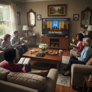 Family worships together watching an online church service at home.