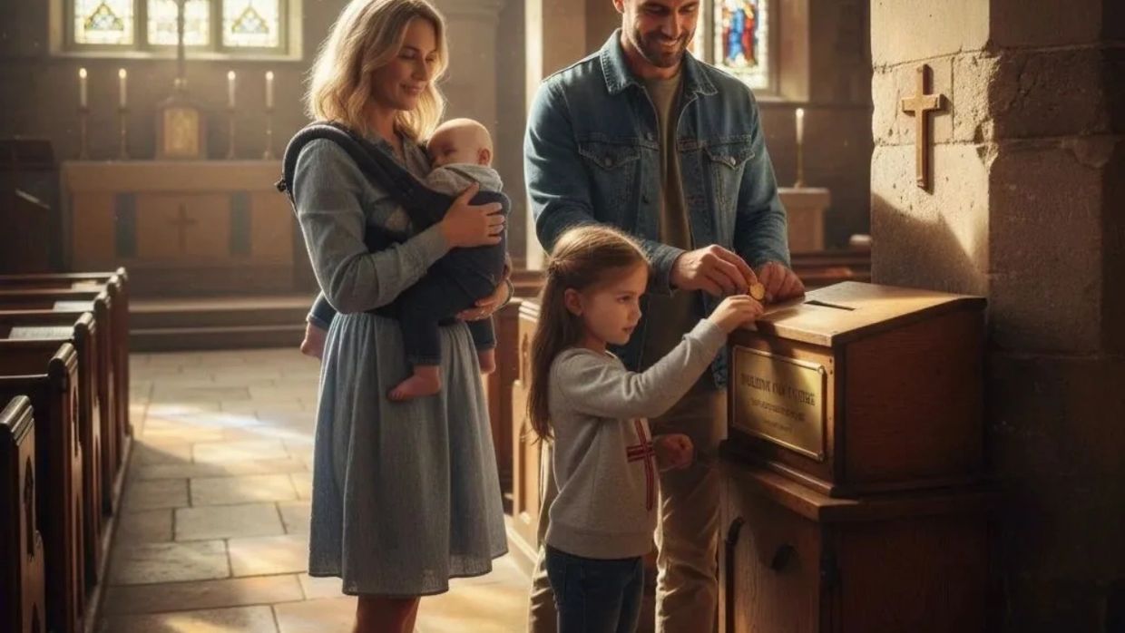Family making a donation in a church with stained glass windows.