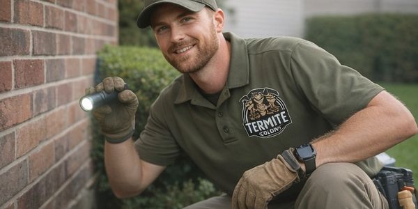 Pest control worker inspecting a house exterior with flashlight and gloves.
