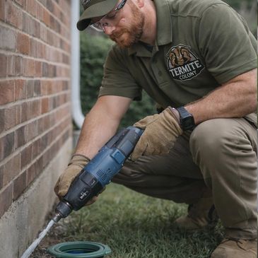 Technician inspecting a house exterior with a power drill for termites.