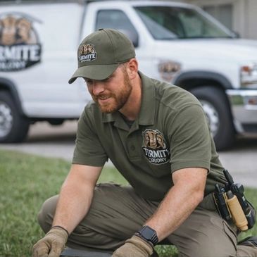 A pest control worker kneeling on grass, wearing a uniform and cap with company logos.