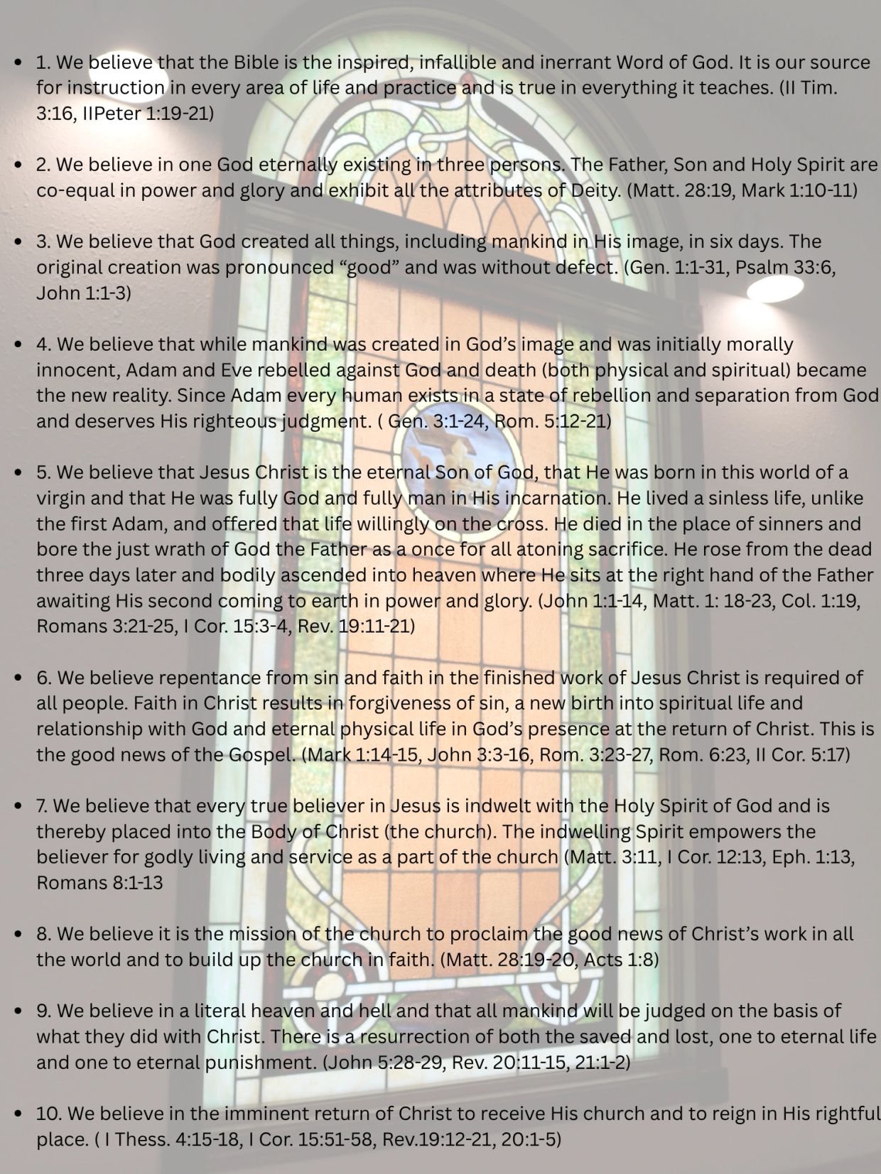 Statements of Christian beliefs over a stained glass window background.