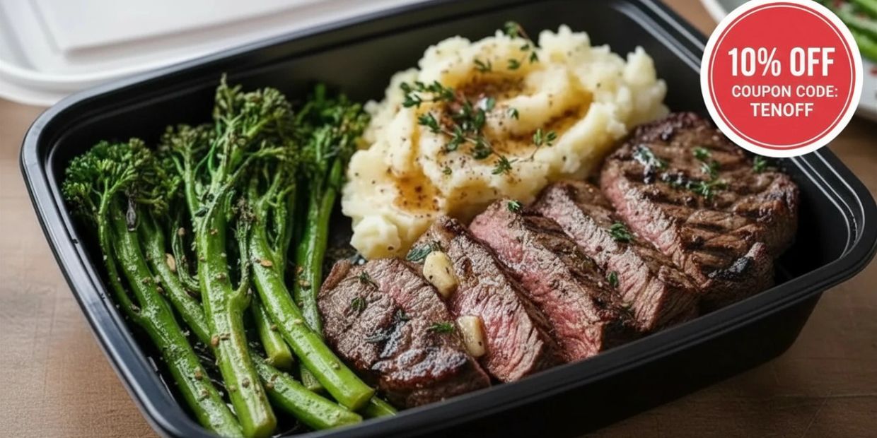 Steak meal with broccolini and mashed potatoes in a black container.
