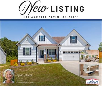 New listing of a modern white house with a large driveway in Alvin, TX.