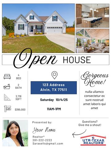 Open house flyer for a 4-bed, 2-bath home in Alvin, TX with photos and realtor contact.