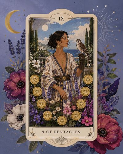 Elegant tarot card of the 9 of Pentacles featuring a woman with a falcon.