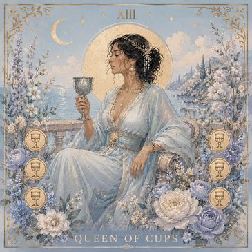Elegant Queen of Cups tarot card with a serene woman holding a chalice amid floral and celestial motifs.