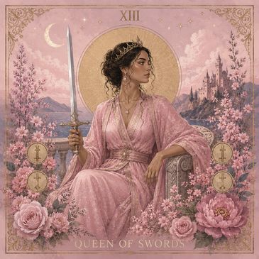 Elegant Queen of Swords in pink, holding a sword with a castle backdrop.