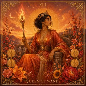 Regal Queen of Wands holding a fiery torch amid a fiery sunset and flowers.