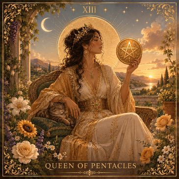 Elegant queen holding a pentacle, surrounded by flowers and a crescent moon.