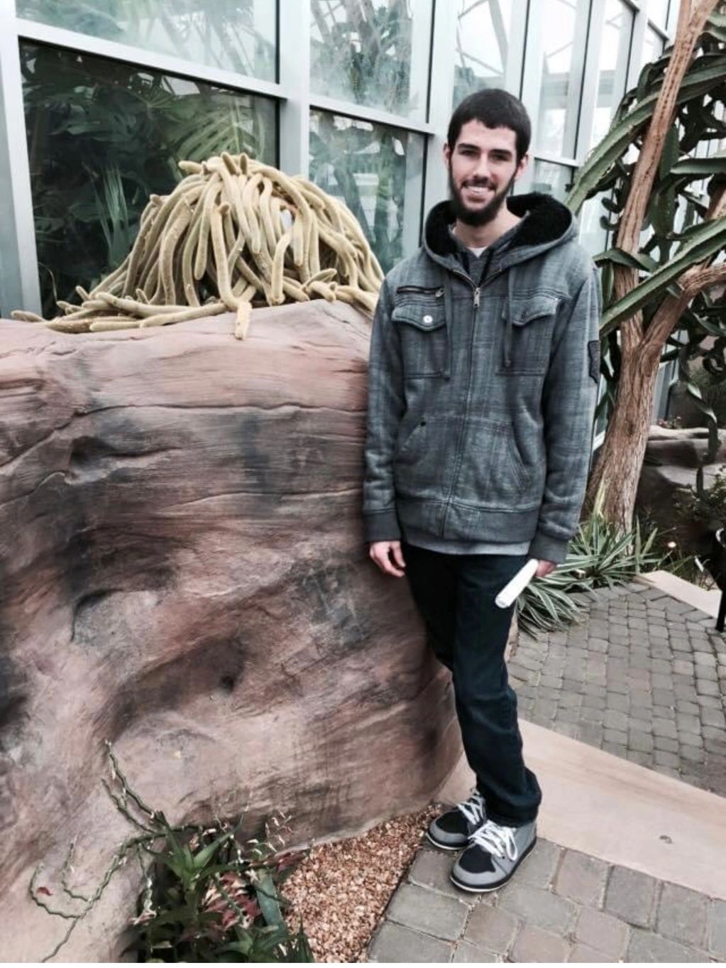 A young man in a gray hoodie stands by a large rock and cactus in a greenhouse.
