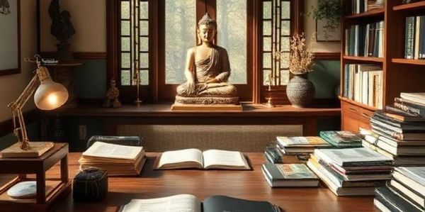 Cozy study room with Buddha statue, books, and warm lighting.