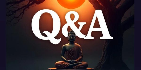 Buddha statue meditating under a glowing sun with Q&amp;A text.