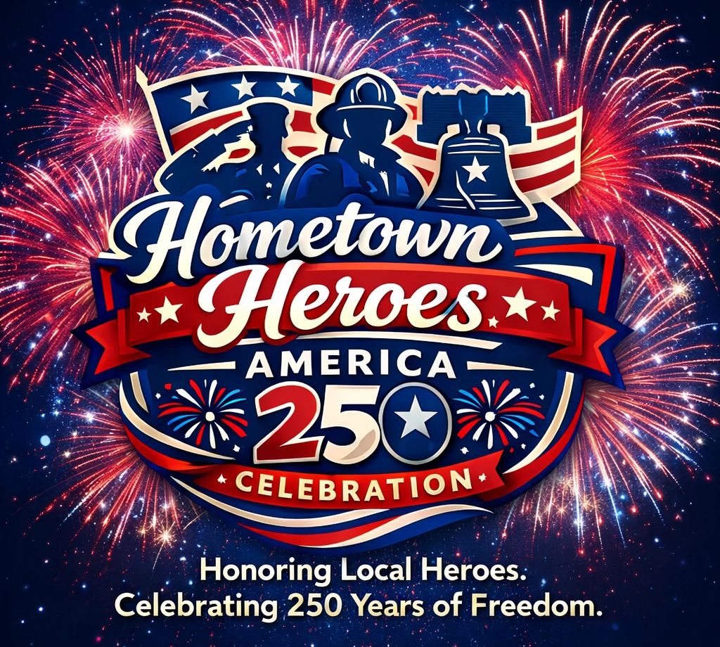 Patriotic graphic celebrating 250 years with fireworks honoring hometown heroes.