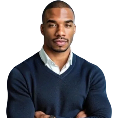 Confident man in navy sweater with arms crossed.