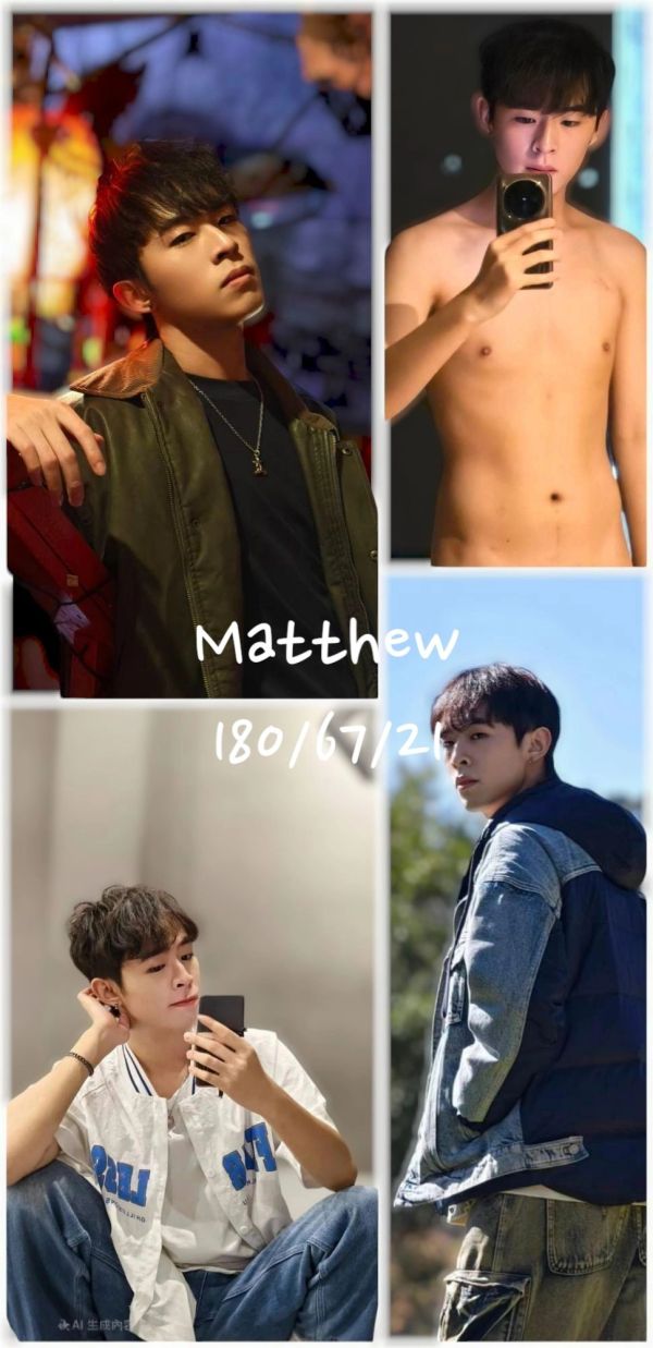 Collage of a young man named Matthew in various poses and outfits.