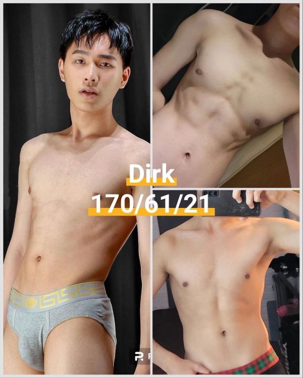 Collage of a young man named Dirk showing his fit physique and body measurements.