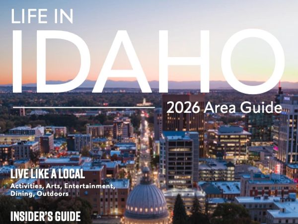 Cityscape of Idaho featured on a 2026 area guide cover.