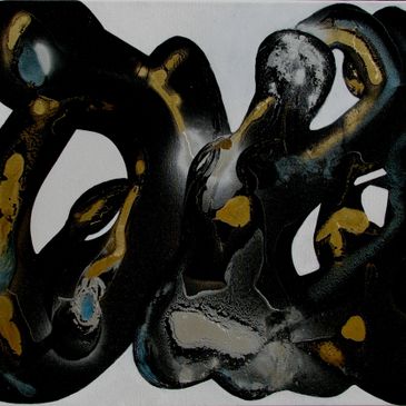 Abstract black and gold shapes on white canvas.