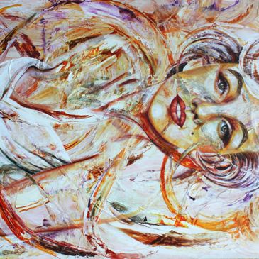 Abstract painting of a woman with expressive brush strokes and warm colors.