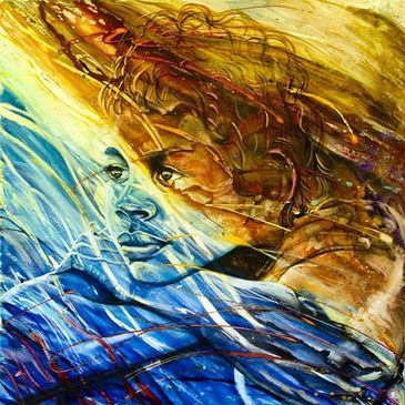 A colorful abstract portrait blending warm and cool tones with dynamic brushstrokes.