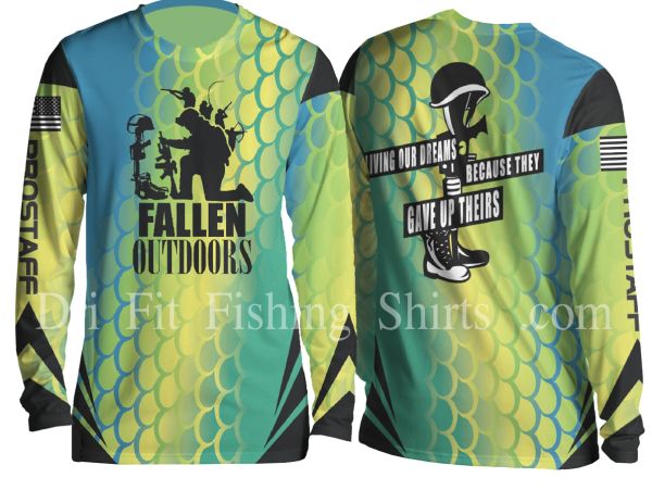Long-sleeve fishing shirt with military tribute and blue-green scale pattern.