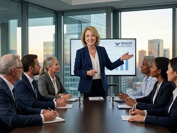 Businesswoman leading a meeting with colleagues in a modern office.