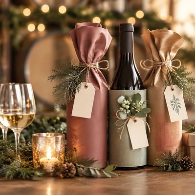 Festive wrapped wine bottles with tags and pine decorations on wooden table.