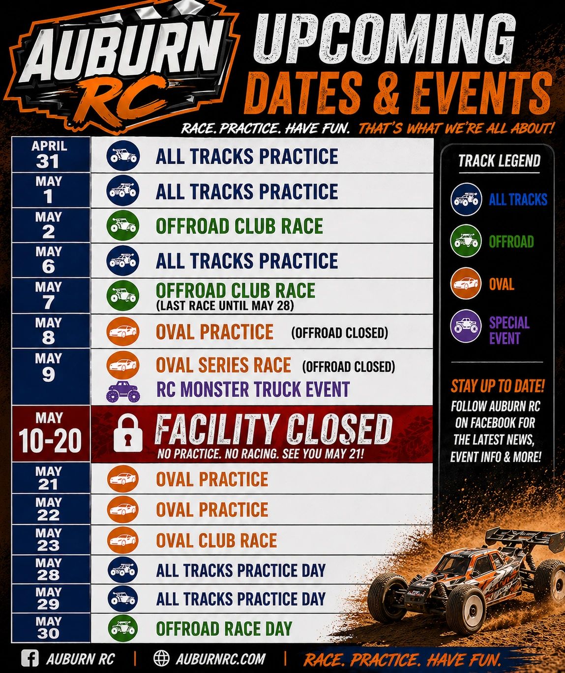 Auburn RC upcoming dates and events schedule with practice and race days.
