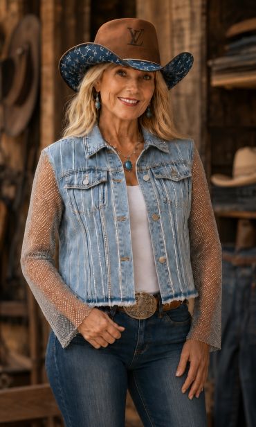 Woman in denim jacket and cowboy hat smiling.