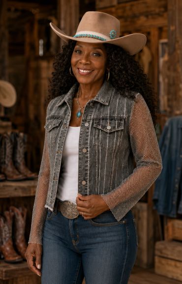 Woman wearing a stylish cowboy hat and denim jacket.