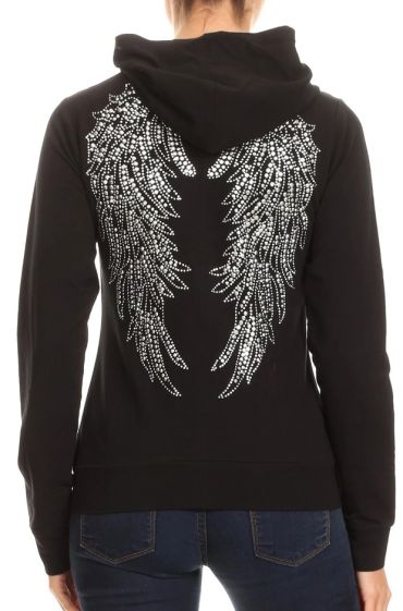 Black hoodie with rhinestone angel wings on the back.